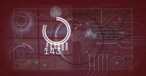 Digital data processing image over world map with India highlighted Illustrazione stock