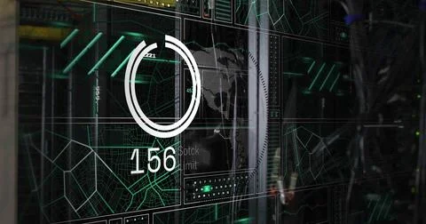 Digital data processing image over futuristic interface with world map and Stock Illustration