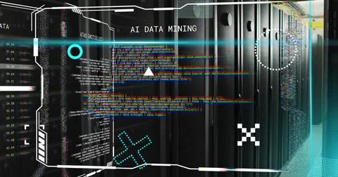 Digital data processing image over servers in data center Stock Photos
