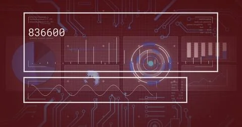 Digital data processing image over red circuit board background Stock Photos