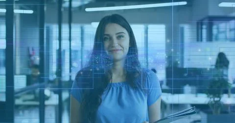 Digital data processing image over woman holding documents in modern office Stock Photos