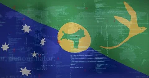 Digital data processing image over flag of Solomon Islands and world map Foto stock