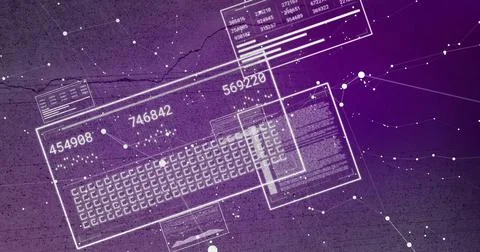 Digital data processing image over abstract purple background with numbers and 스톡 사진