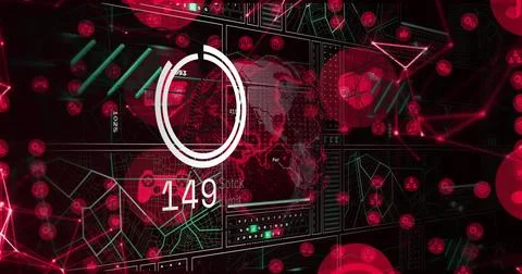 Digital data processing image over red and green graphical interface with Stock Photos