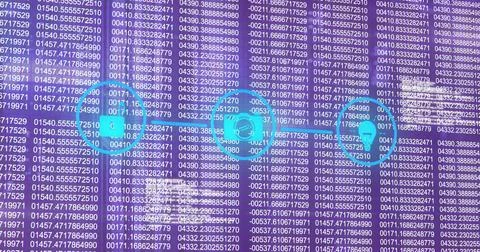 Digital data processing image over binary code and blue icons on purple Stock Photos