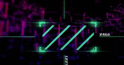 Digital data processing image over neon circuit board background with numbers 스톡 사진