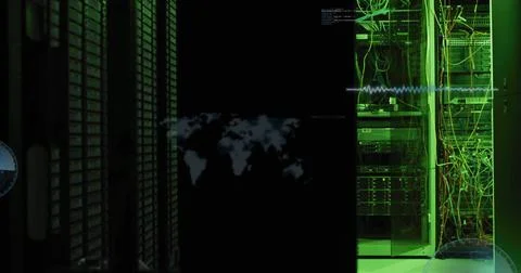 Digital data processing image over world map and skyscraper background Stock Photos