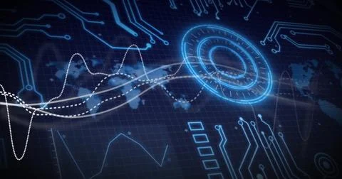 Digital data processing image over world map and circuit board background 写真素材