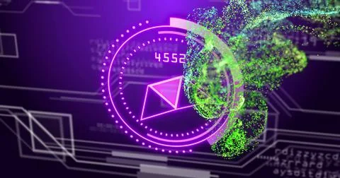 Digital data processing image over abstract geometric shapes and green particles 写真素材