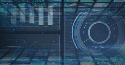 Digital data processing image over futuristic interface with graphs and circular Stockfoto's