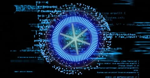 Digital data processing image over blue circular interface with coding Stock Photos