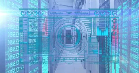 Digital data processing image over server room with futuristic interface Stock Photos