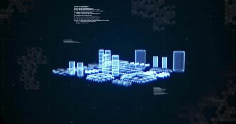 Digital data processing image over futuristic cityscape with text and hexagonal Foto stock
