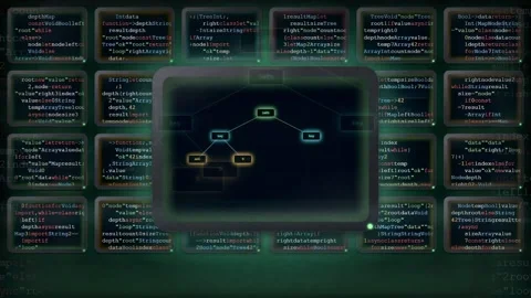 Digital data processing interface with scrolling computer code and futuristic Vidéo 343161412
