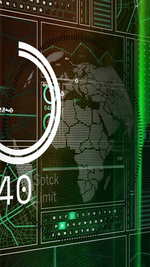 Digital data processing over animation of world map and geometric patterns Stock Footage 343129015