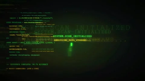 Digital data processing screen with scrolling computer code and system scan Stock Footage 336779904