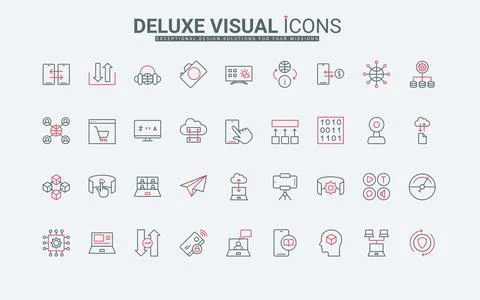 Digital data processing technology, file analytics, information use line icons Stock Illustration