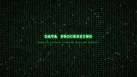 Digital data processing text overlay on a background of falling green binary 库存影片 345765773