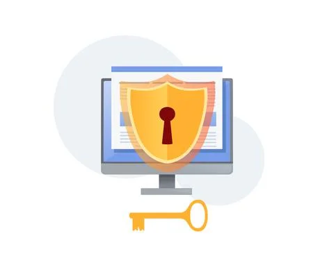 Digital data protection concept with golden shield lock and key vector イラスト素材