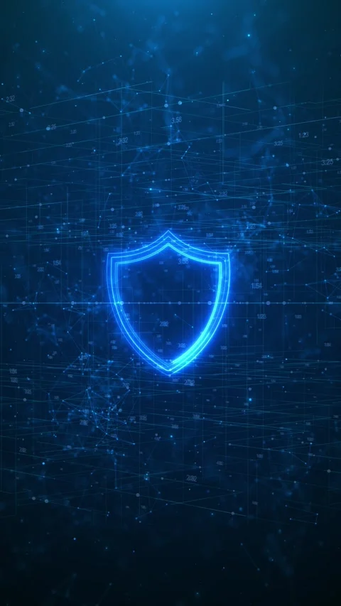 Digital data protection shield glowing symbol, connected nodes, numeric Stock Footage 333862678