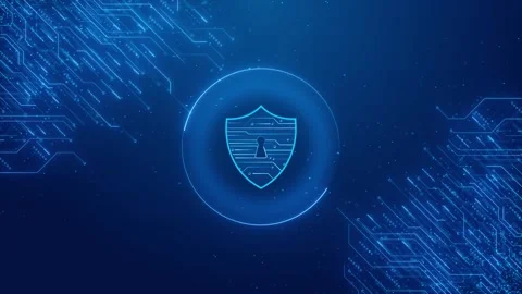 Digital data protection shield visual cyan security icon, blue circuit patterns, Stock Footage 340525230