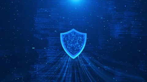 Digital data protection shield visual with cyan glow, programming code, cyber gr Stock Footage 340571697
