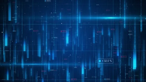 Digital data rain interface blue binary numbers, vertical glowing bars, grid lin Stock Footage 340477601
