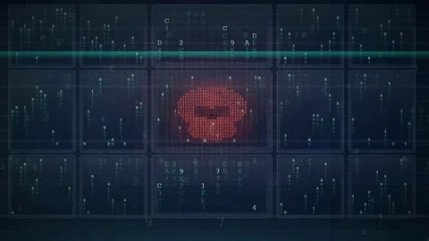 Digital data scanning animation with red skull icon and flowing binary code on 動画素材 341825354