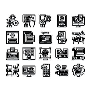 Digital data security and cybersecurity icons set 库存插图