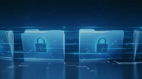 Digital Data Security Concept with Blue Locked Folders and Cyber Network Stock Footage 344752504