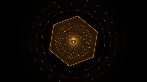 Digital data security concept featuring golden padlock icon inside rotating.. Stock Footage 345127465