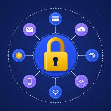 Digital Data Security Network With Padlock And Icons 스톡 일러스트