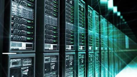 Digital Data Server With Plexus Elements in Dark Room Analysing Digital Data 4k Stock Footage 145836625