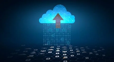Digital data set of binary numbers being sent to the clouds on a blue backgro Stock Photos