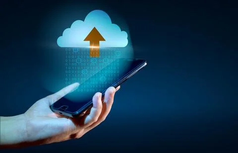 Digital data set of binary numbers being sent to the clouds on a blue backgro Stock Photos