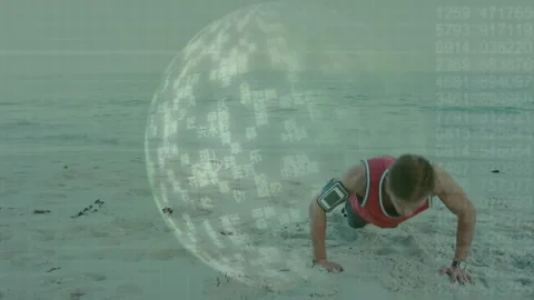 Digital data sphere animation over man doing push-ups on sandy beach Vídeo Stock 304760723