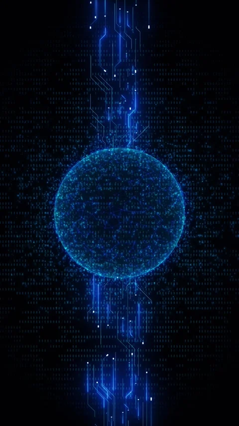 Digital data sphere circuit glowing blue globe, matrix particles, and cyber tech Stock Footage 340556475