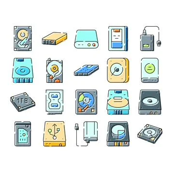 Digital data storage and computing hardware icons 스톡 일러스트
