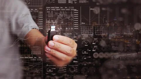 Digital data storage and sharing technology concept. A man holds a flash dr.. Stock Photos