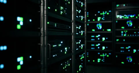 Digital data storage facility displaying server racks at night Stock Footage 314898088