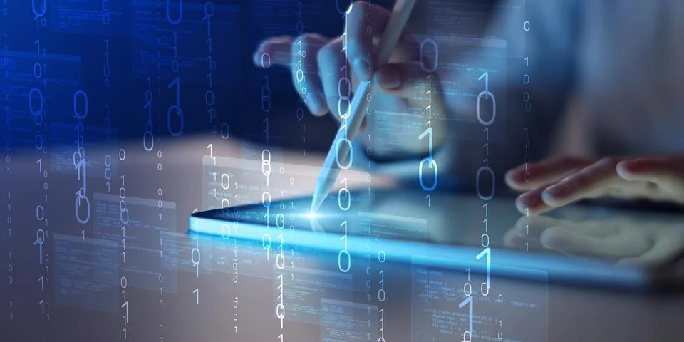 Digital Data Stream and Binary Code Visualization on Virtual Interface. Foto stock