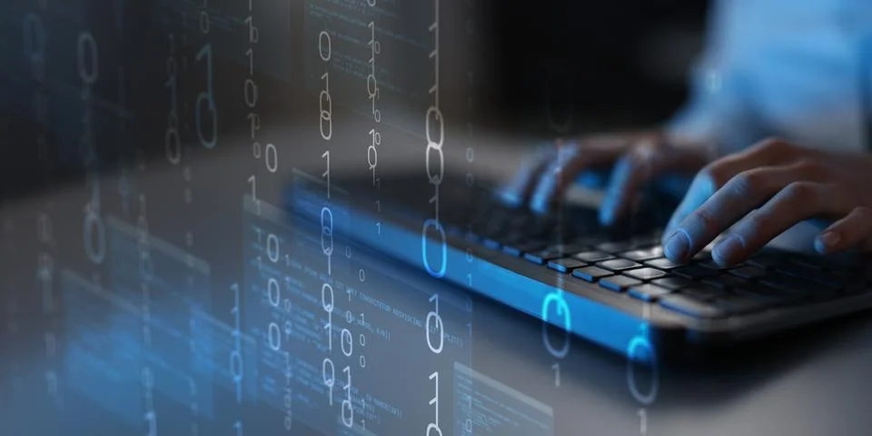 Digital Data Stream and Binary Code Visualization on Virtual Interface. Foto stock