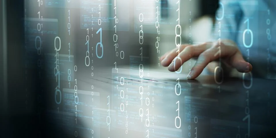 Digital Data Stream and Binary Code Visualization on Virtual Interface. 库存照片