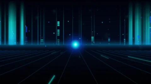 Digital data stream animation featuring glowing light particles moving thro.. Видео 343428766