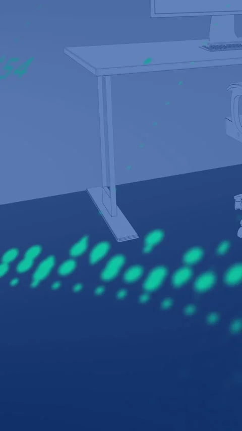 Digital data stream animation over modern office desk and chair setup Stock Footage 319883312