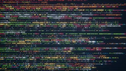 Digital data stream displaying programming code on a screen with glitch effect Stock Illustration