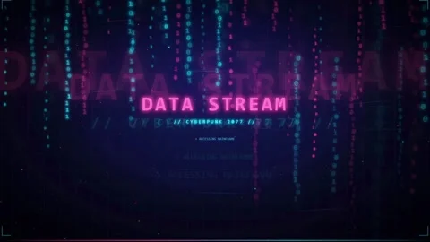 Digital Data Stream with Falling Binary Code and Glowing Text on Dark Blue Stock Footage 336777417
