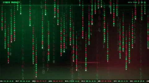 Digital data stream with falling green and red numbers on a dark futuristic Stock Footage 343873155