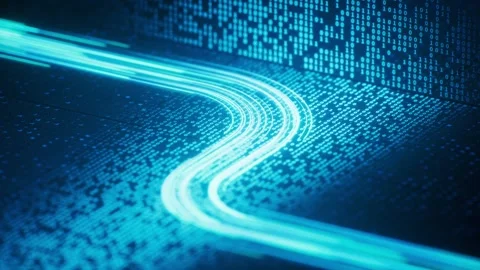 Digital data stream flowing across circuit board, representing high-speed d.. Stock Footage 332389128
