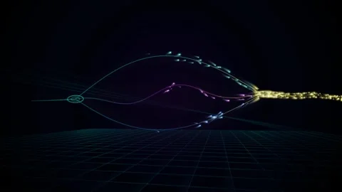 Digital data stream flowing through fiber optic cables against abstract dar.. Vídeo Stock 343248977